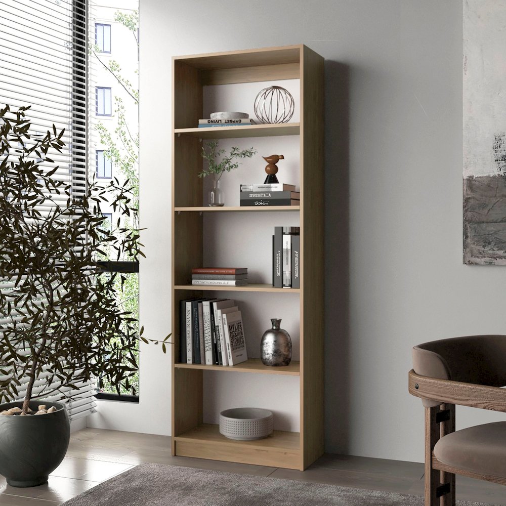 Dam Bookcase with Open Storage and 5 Shelves, Natural Oak and White. Picture 3