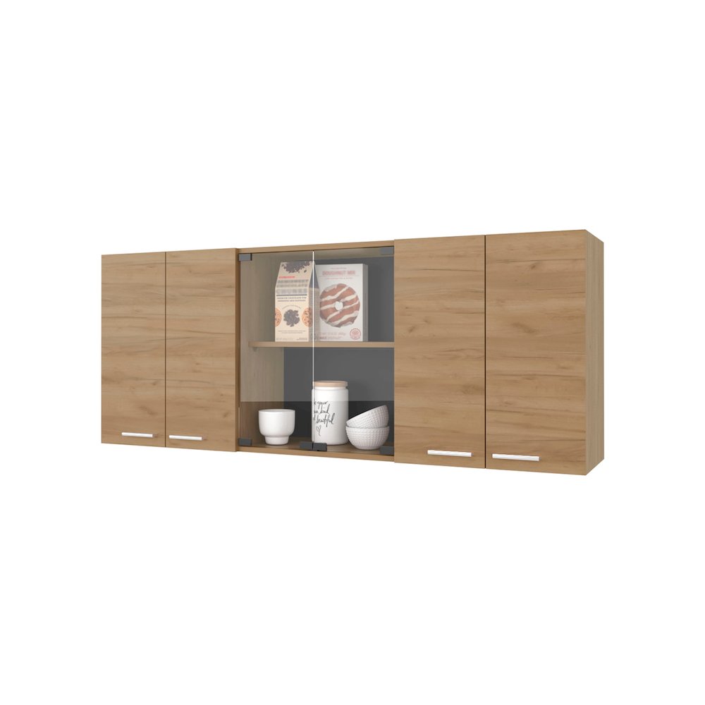 Wall Cabinet kitchen in Melamine wit 4 Doors  and Glass Storage, Natural Oak. Picture 8