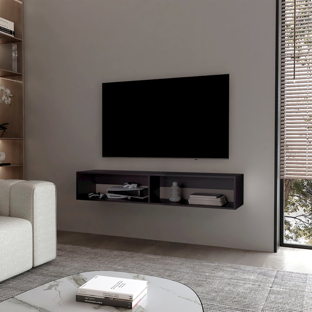 Central Floating media rack in melamine with two shelves, Wengue. Picture 3