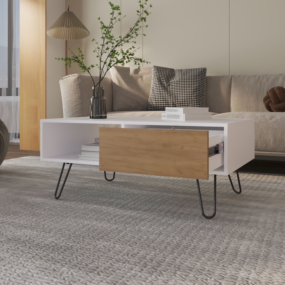 Gramling Coffee Table with a Drawer and Hairpin Legs, White + Natural Oak. Picture 3