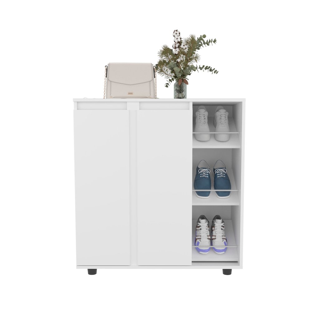 Shoe Storage Cabinet, 2 Doors, 8  Enclosed Shelves, 3 Open Side Shelves, White. Picture 2