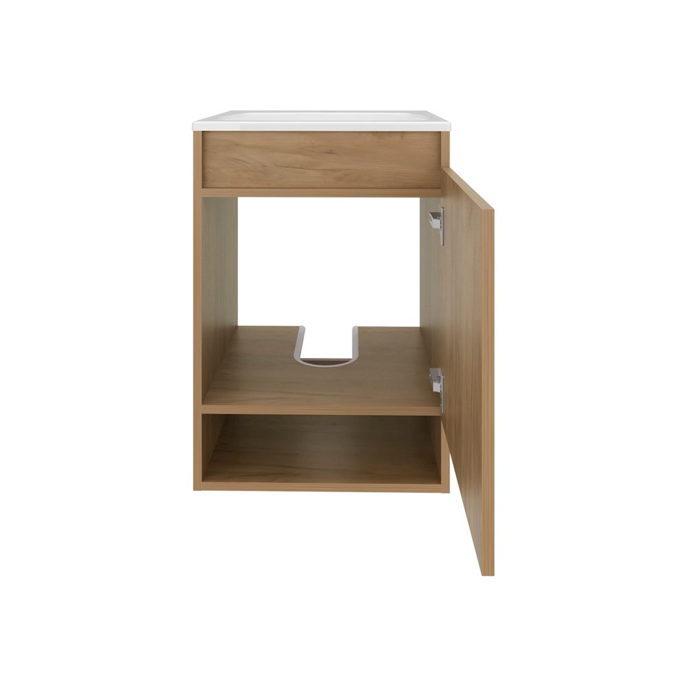 Wall-Mounted Bathroom Vanity with Sink, 2 Doors, Open Shelf, Natural Oak. Picture 3