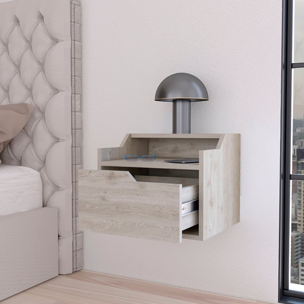 Florence Floating Nightstand with Drawer and Dual-Shelf Display. Picture 6