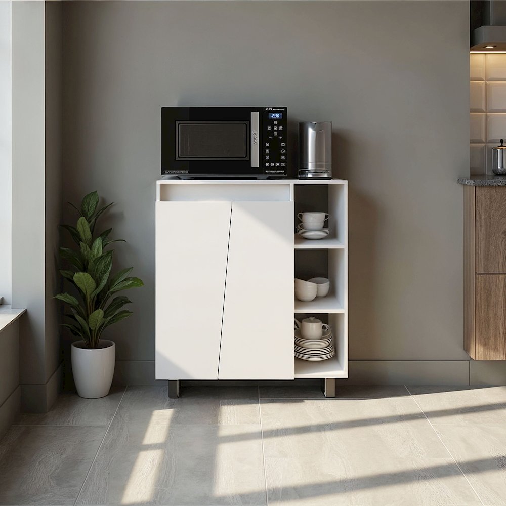 Way Kitchen Storage Cabinet with Microwave Shelf and Side Open Shelves, White. Picture 2