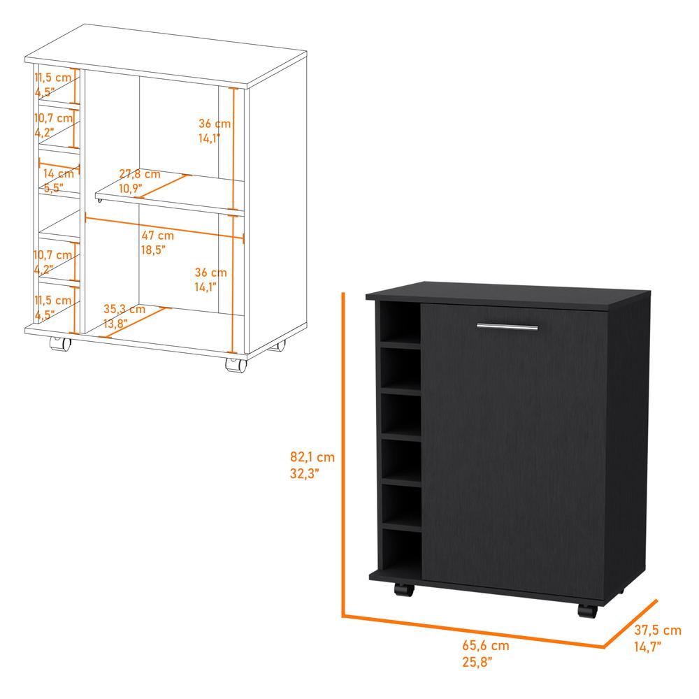 Rawlins Bar Cart with 6-Bottle Rack, Storage Cabine and Mobile Caster Wheels. Picture 2