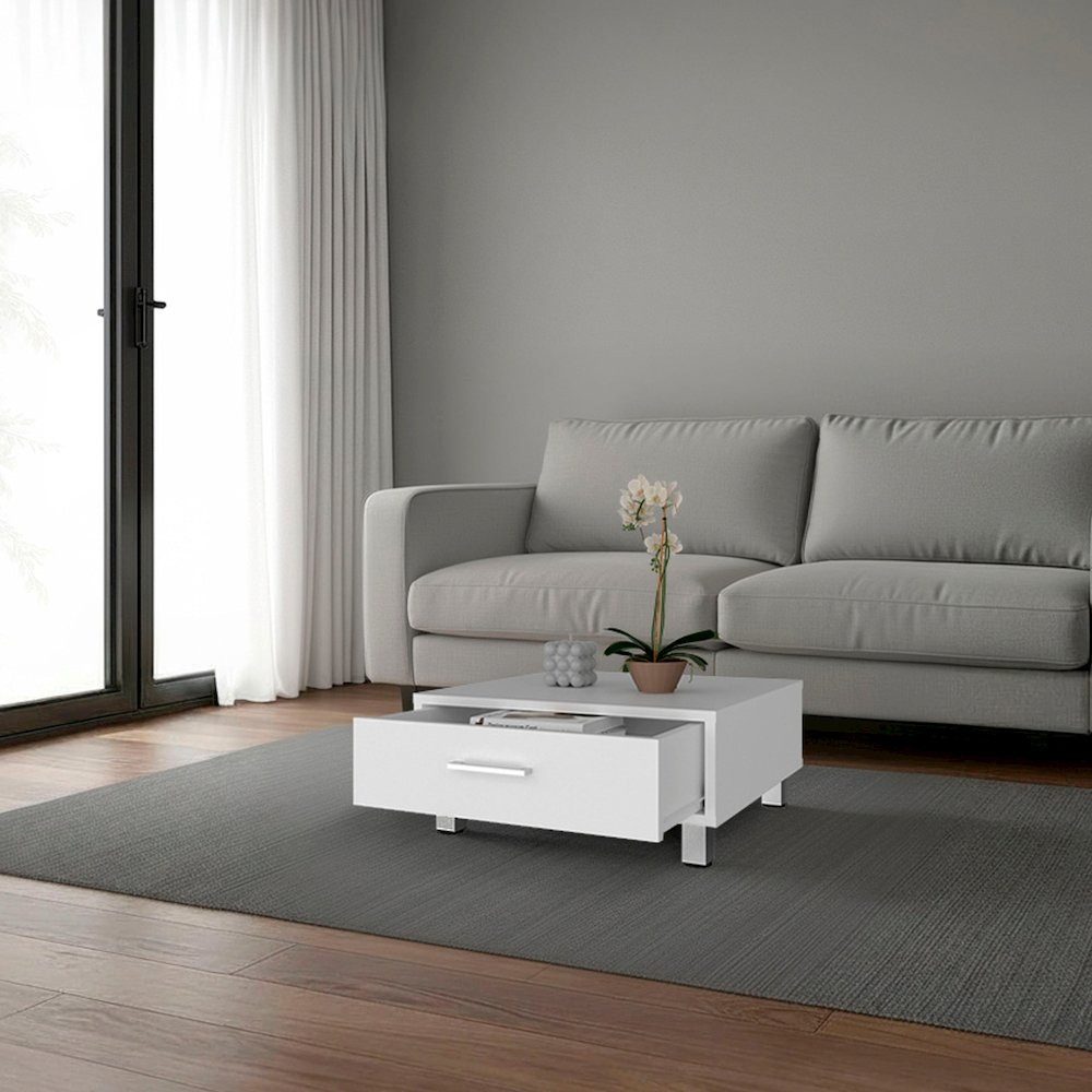 Berd White Coffee Table with Drawer and Metal Legs, Compact Design, White. Picture 4