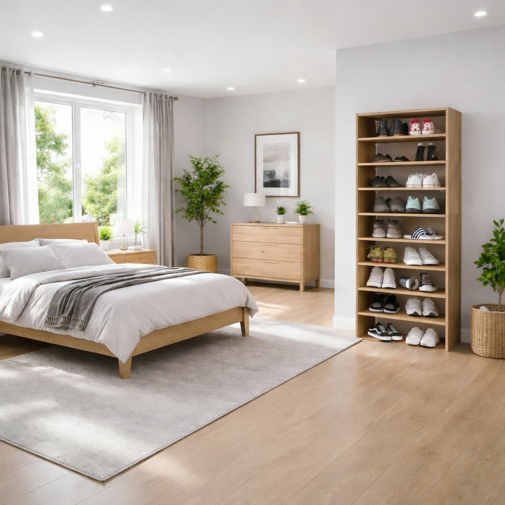 Orion Modern Shoe Rack Functional Design for Bedroom and Entryway, Natural Oak. Picture 2