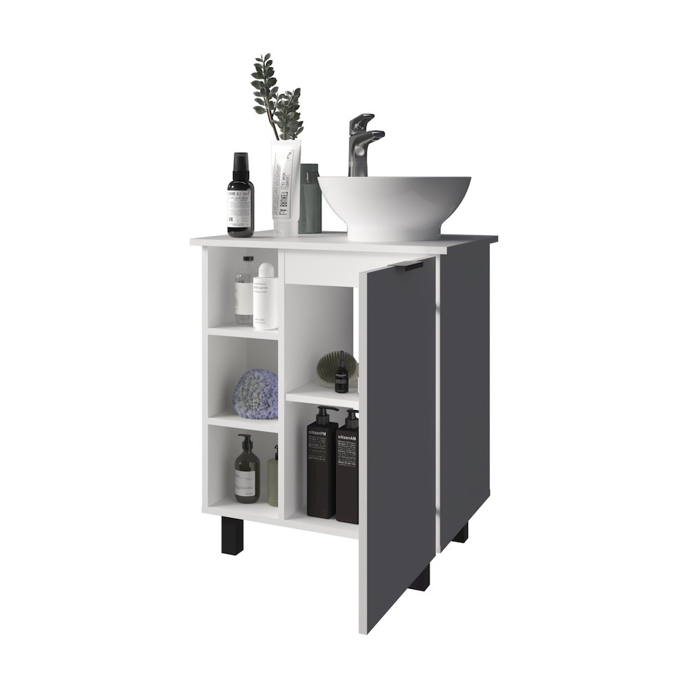 Pinal Bathroom Vanity, Single Door, 8 Storage Shelves (6 Open + 2 Closed) White. Picture 8
