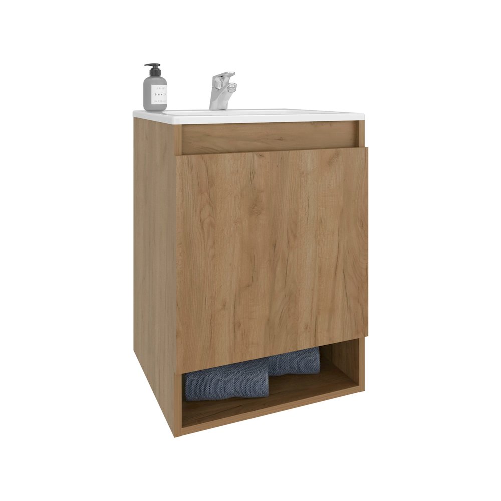 Wall-Mounted Bathroom Vanity with Sink, 2 Doors, Open Shelf, Natural Oak. Picture 1