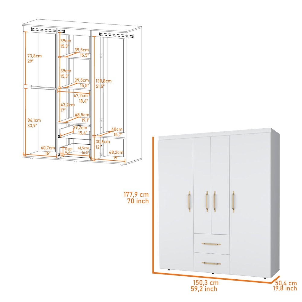 Boyden Wardrobe, All-in-One 2-Door Armoire with Central Storage ,White. Picture 2