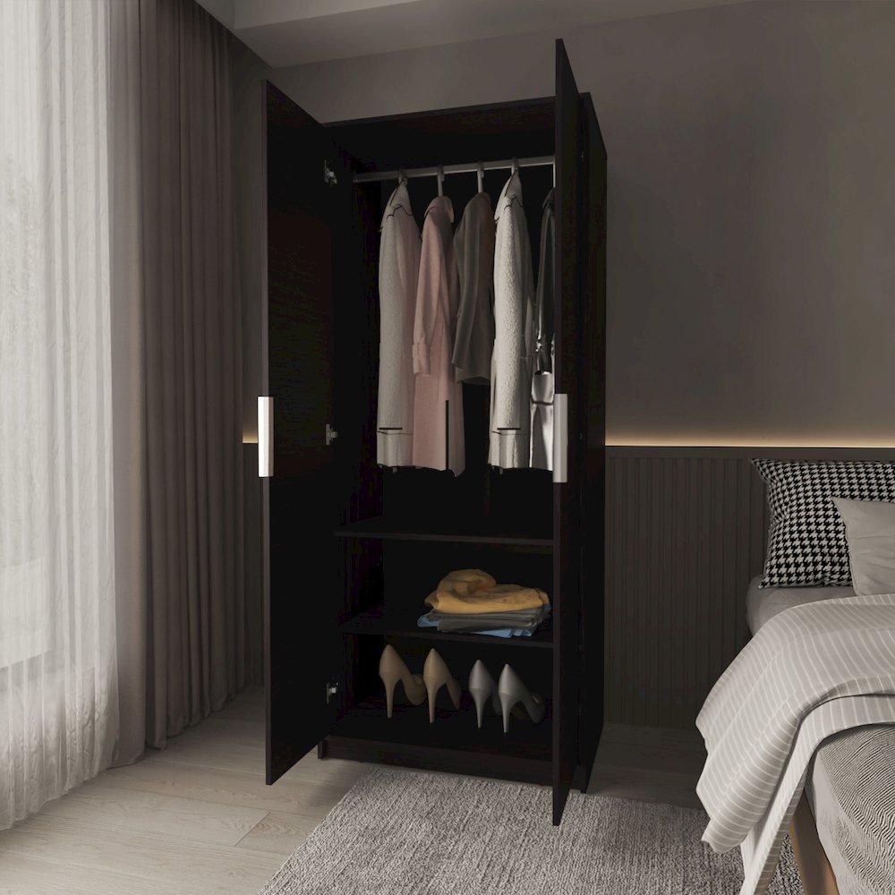 Wardrobe Berlin, Two Doors, Hanging Rod, Two Shelves, Shoe Rack, Bedroom, Wengue. Picture 8