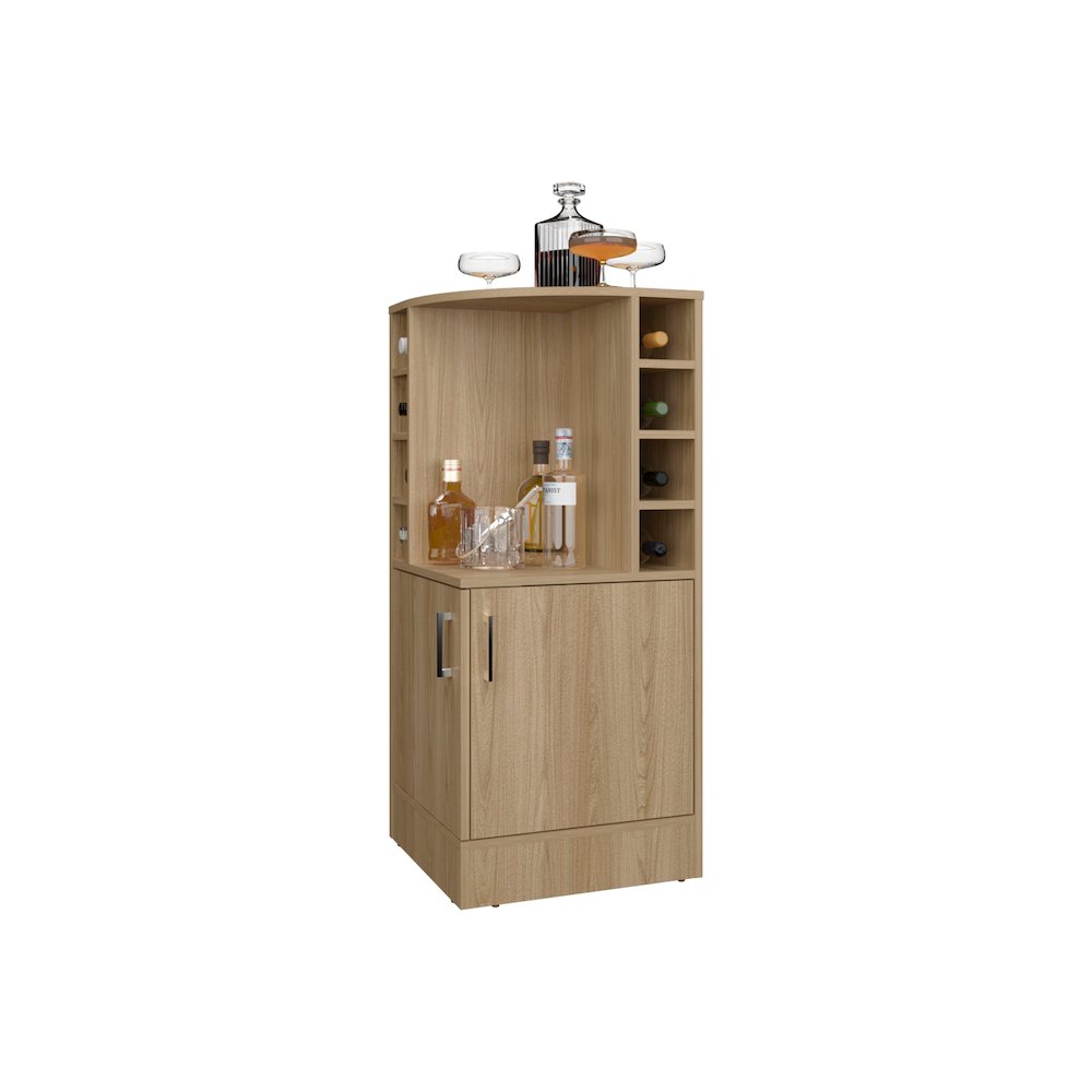 Toyei Corner Bar Cabinet with Bottle Rack, Open Shelves, and Hidden Storage. Picture 8