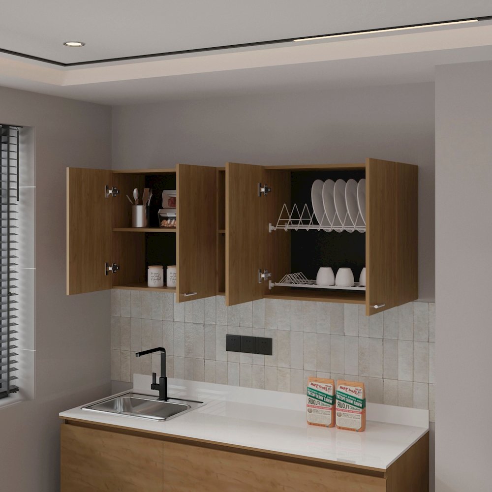 Wall Cabinet kitchen in Melamine wit 4 Doors  and Open Storage, Natural Oak. Picture 3
