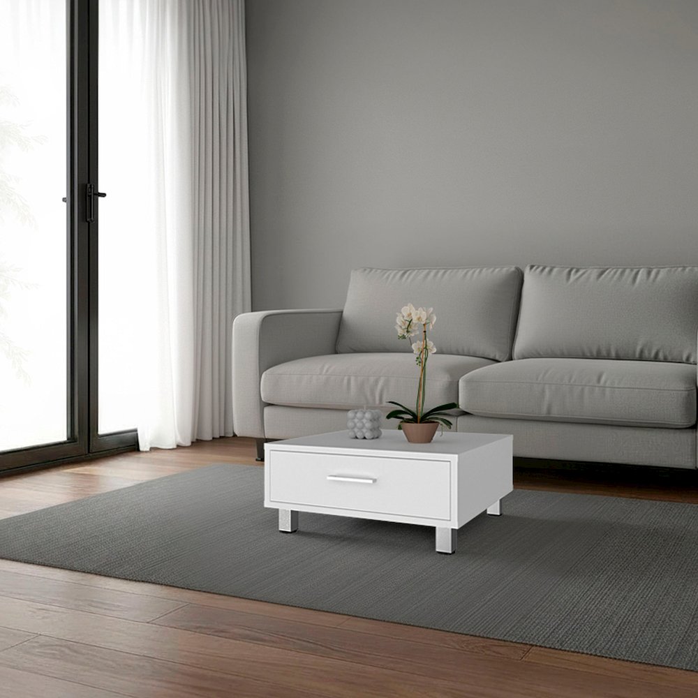 Berd White Coffee Table with Drawer and Metal Legs, Compact Design, White. Picture 2
