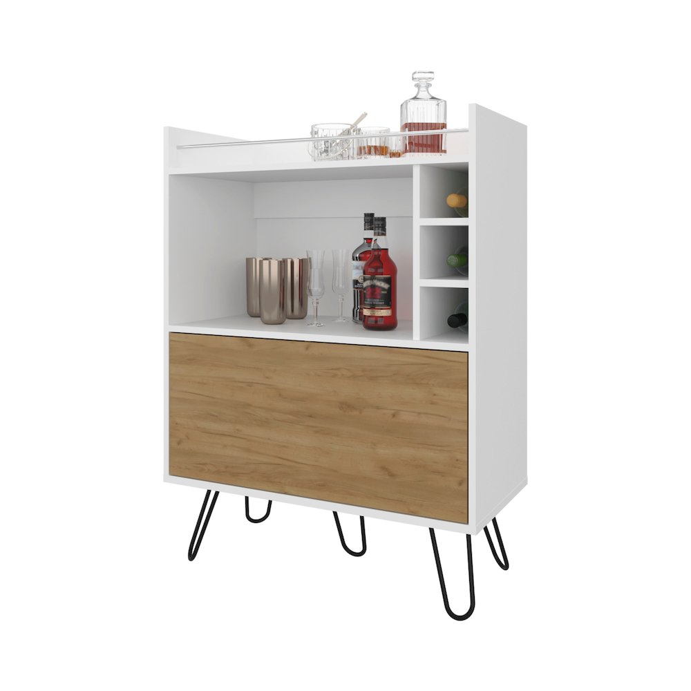 Otho Bar Cabinet with Drop-Down Door, Wine Storage, Open Shelves, Hairpin Legs. Picture 8