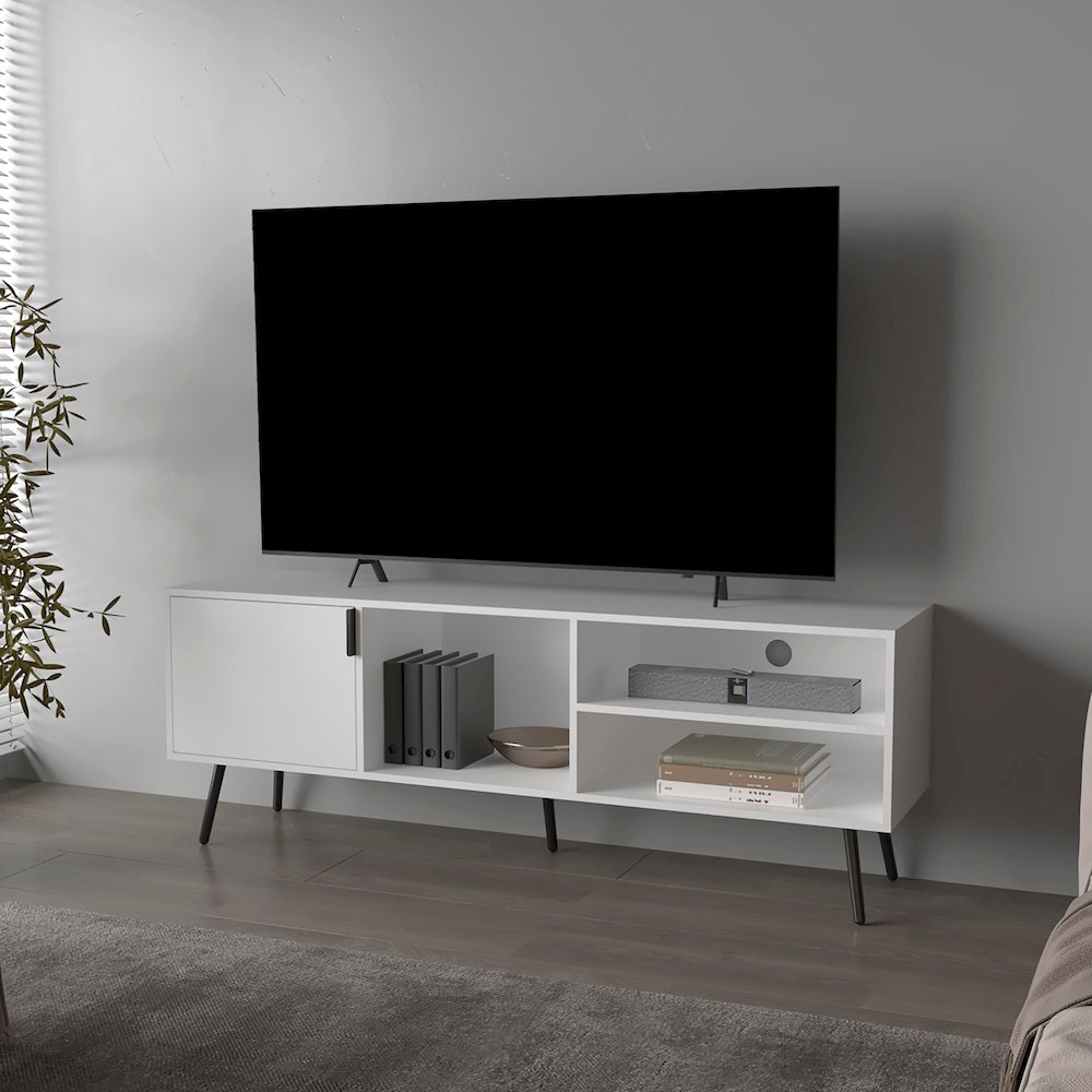 Mescal Tv Stand Multistorage with a Door and Open Storage, White. Picture 4