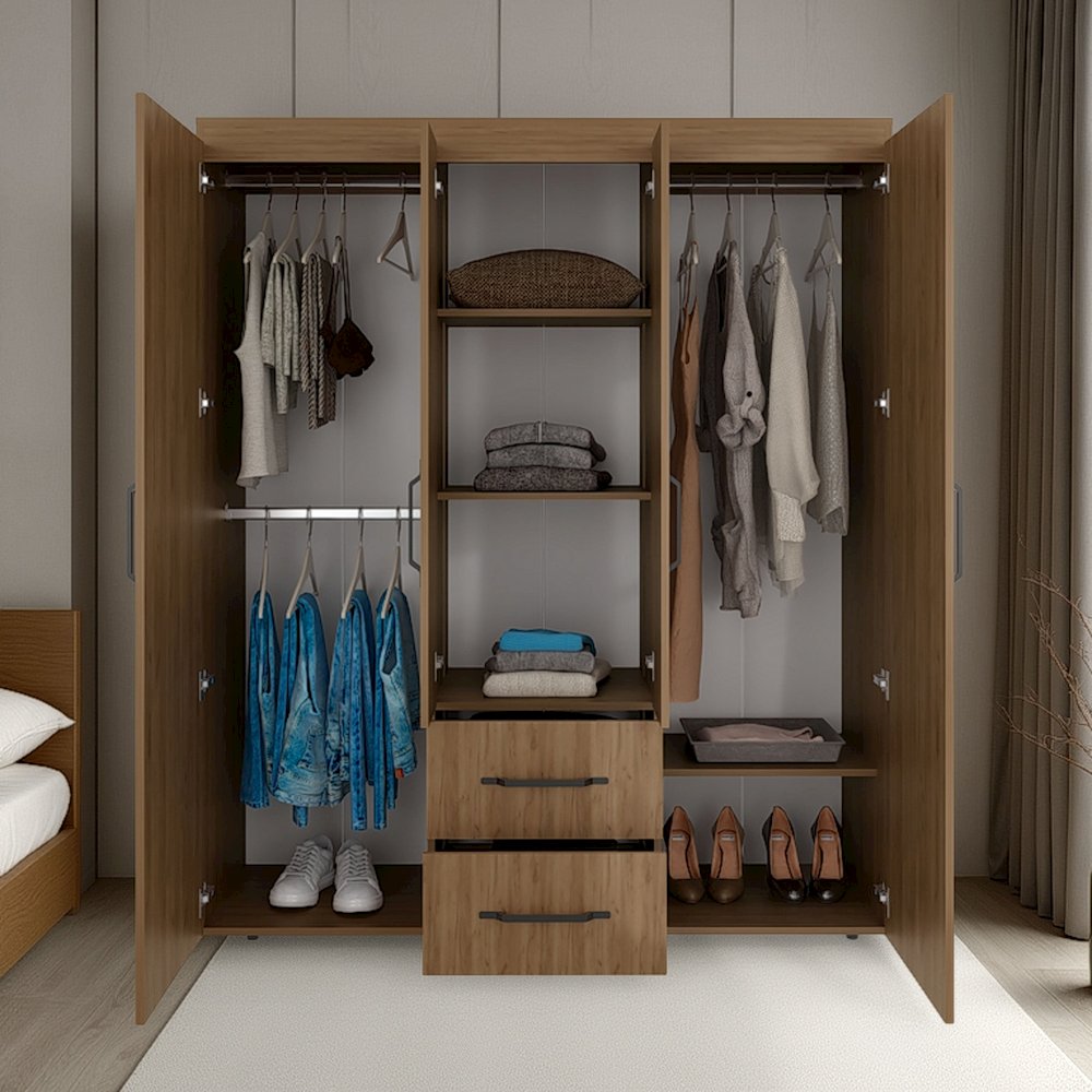 4-Door Wardrobe with Drawers and Shelves for Storage, Modern Design. Picture 5
