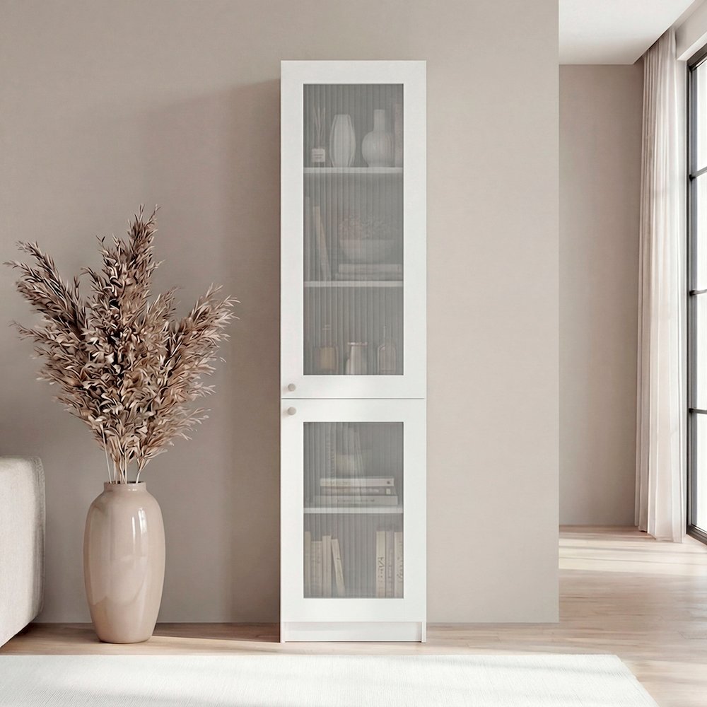 Modern Storage Cabinet with 5 Shelves and Glass Front, Minimalist Design, White. Picture 2