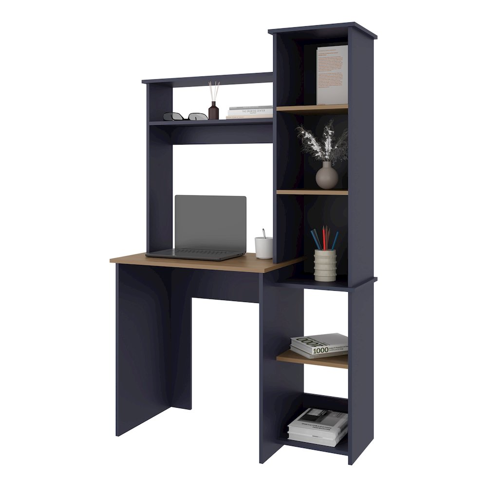 Computer Desk with Hutch and Side Bookshelf, Kronos Blue and Natural Oak. Picture 3