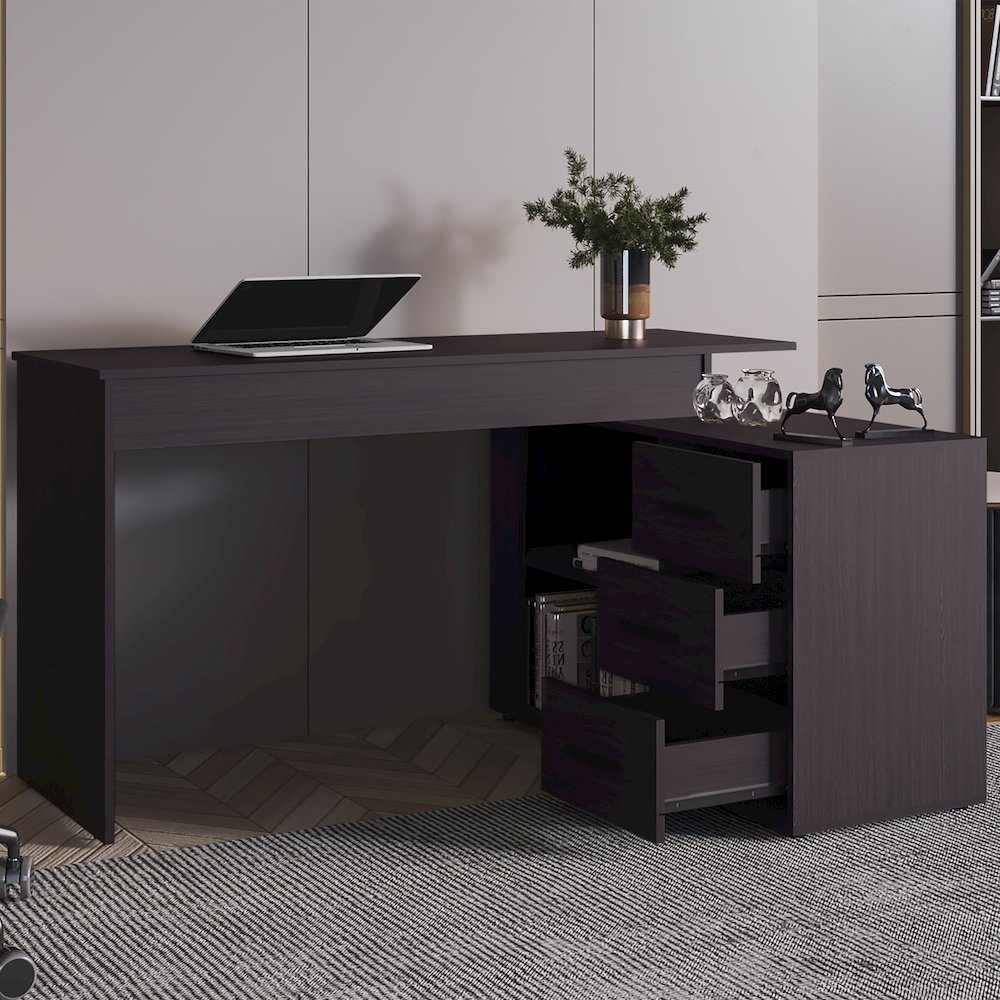 Cornville L-Shaped Desk with 3 Drawers and Storage Space,Wenge. Picture 6