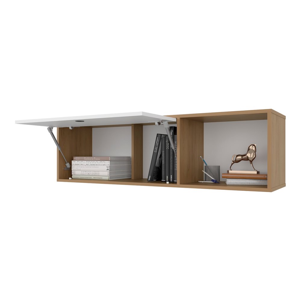 Wall-Mounted Cabinet with Lift-Up Door, Open Compartments, Natural Oak and White. Picture 5