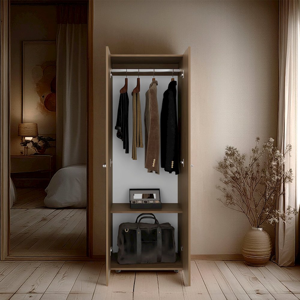 Basin  2-Door Tall Wardrobe Cabinet 66.9"H,  Bedroom, Natural Oak. Picture 7