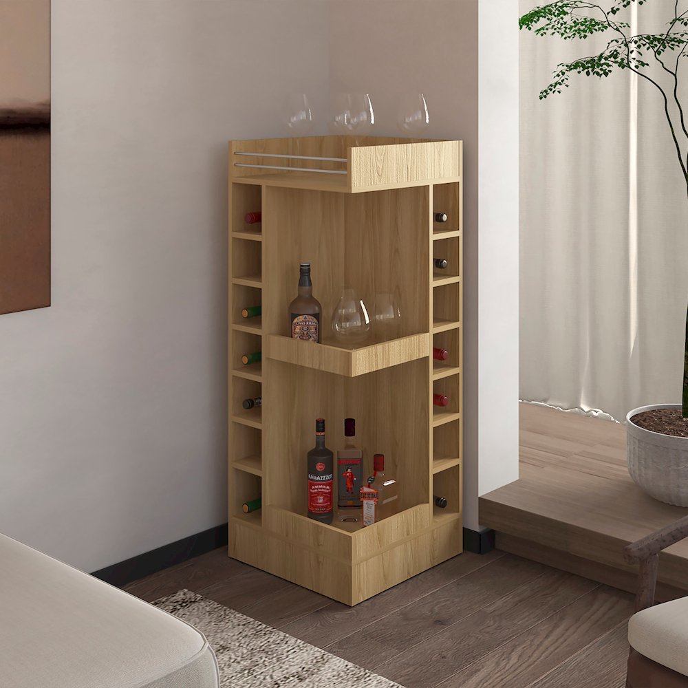 Lamer Corner Bar Cabinet with Wine Rack and Open Shelf, Natural Oak. Picture 3