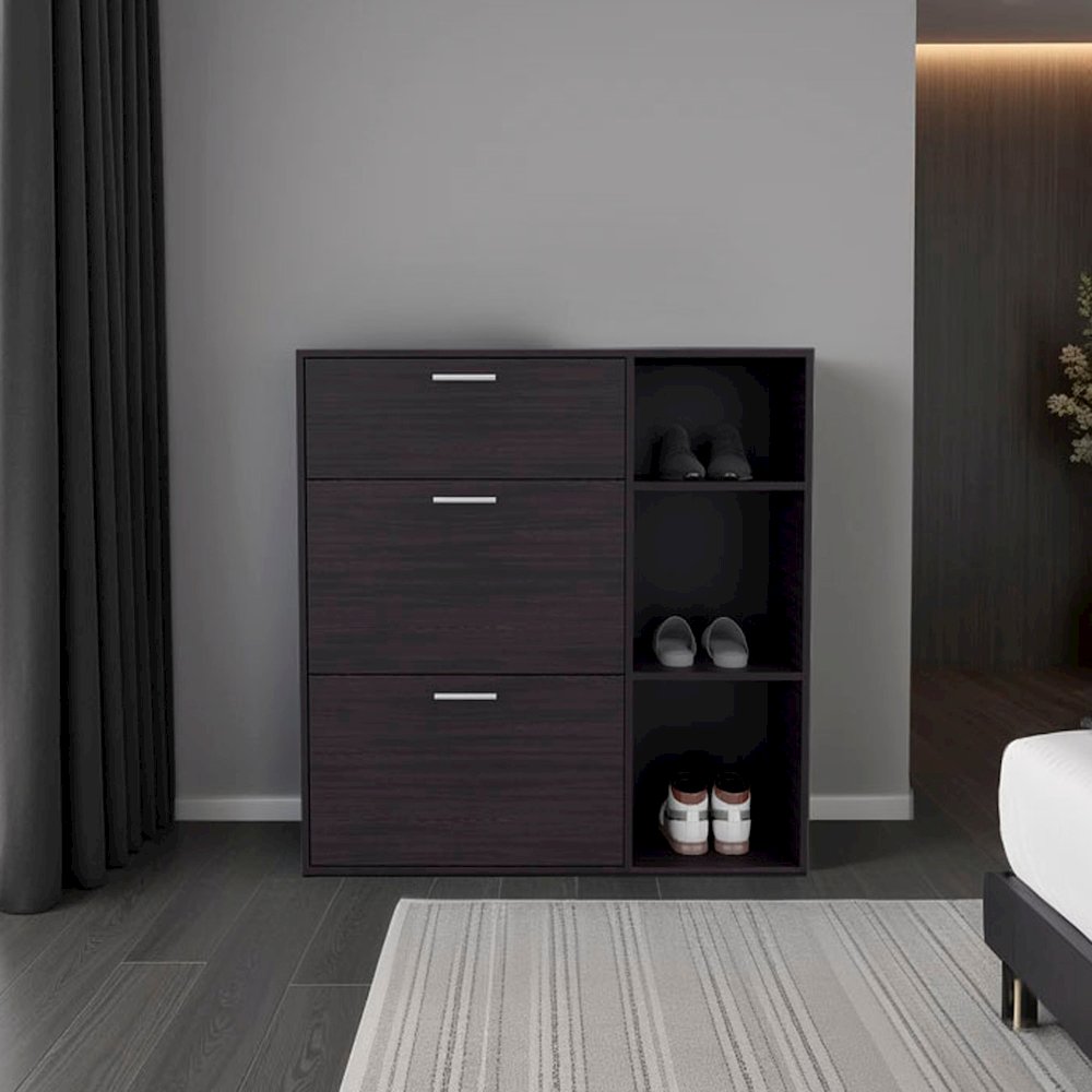Shoe Storage Cabinet, 2 Tilt-Out Drawers, 1 Top Drawer,3 Open Side Shelves,Wenge. Picture 7