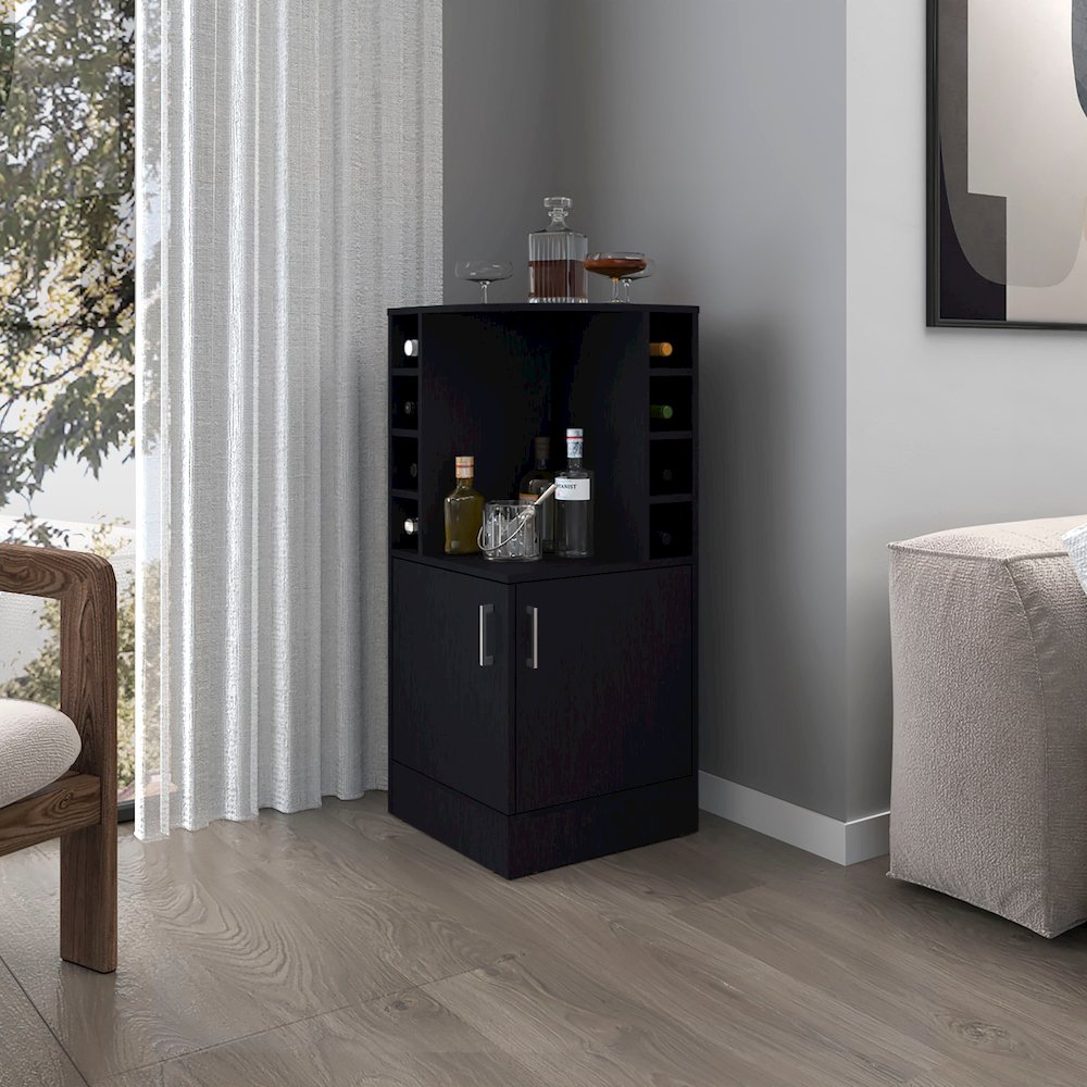 Toyei Corner Bar Cabinet with Bottle Rack, Open Shelves, and Hidden Storage. Picture 4