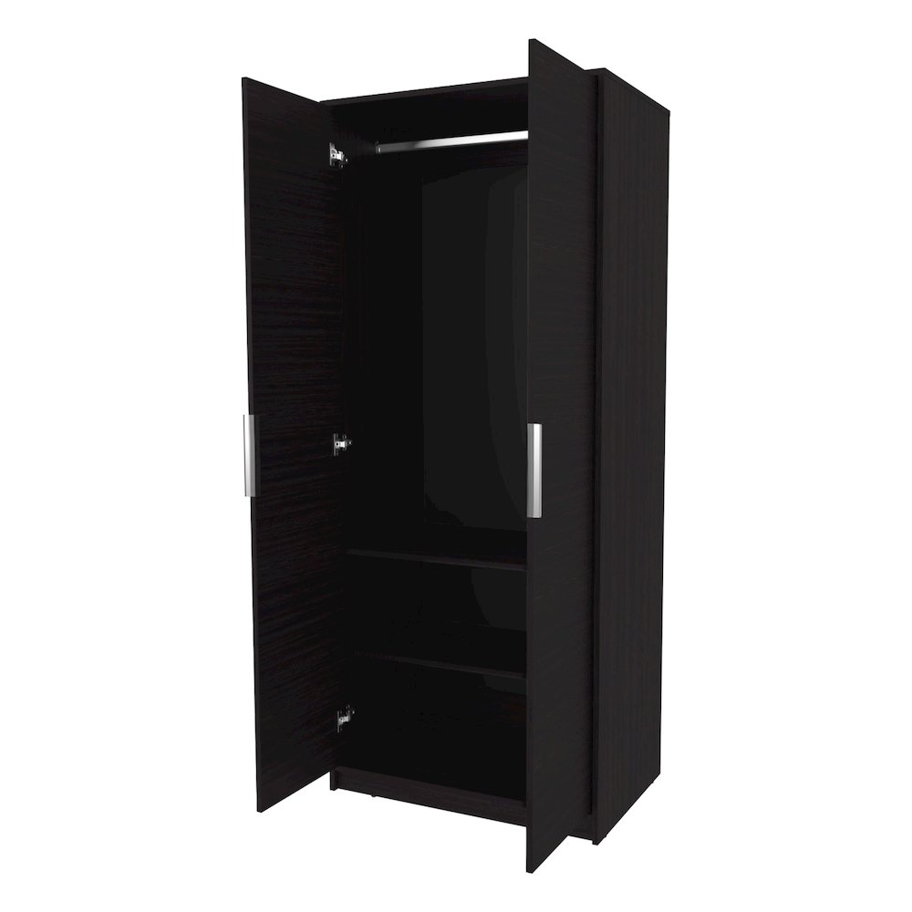 Wardrobe Berlin, Two Doors, Hanging Rod, Two Shelves, Shoe Rack, Bedroom, Wengue. Picture 3