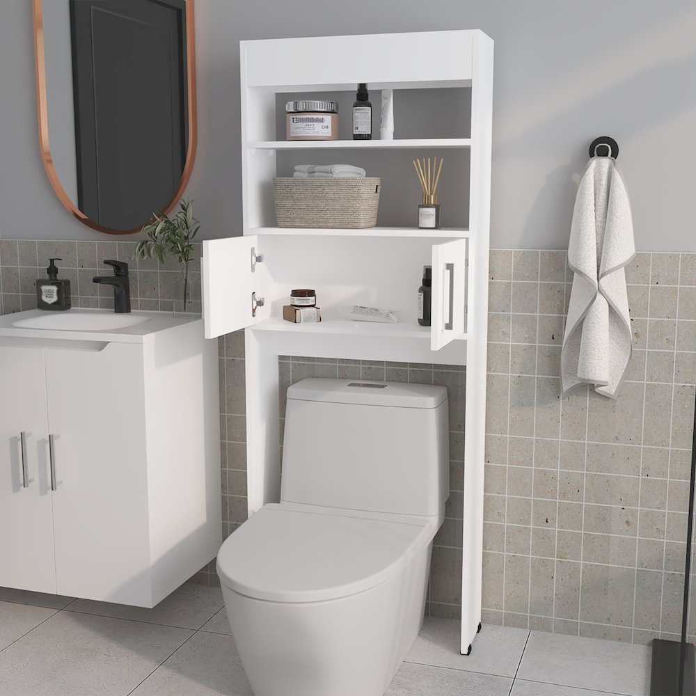 Bisbee 2-Door Over-the-Toilet Bathroom Storage Cabinet Shelf, White. Picture 5