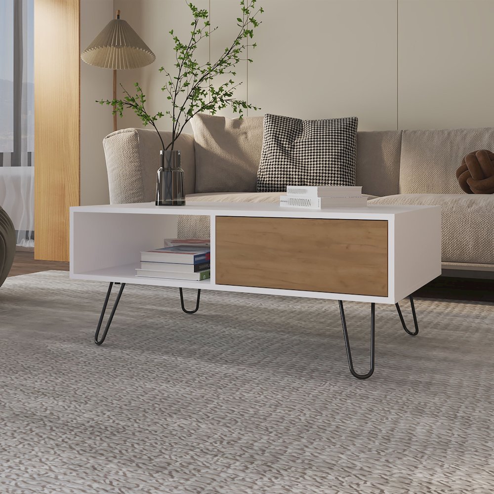 Gramling Coffee Table with a Drawer and Hairpin Legs, White + Natural Oak. Picture 4