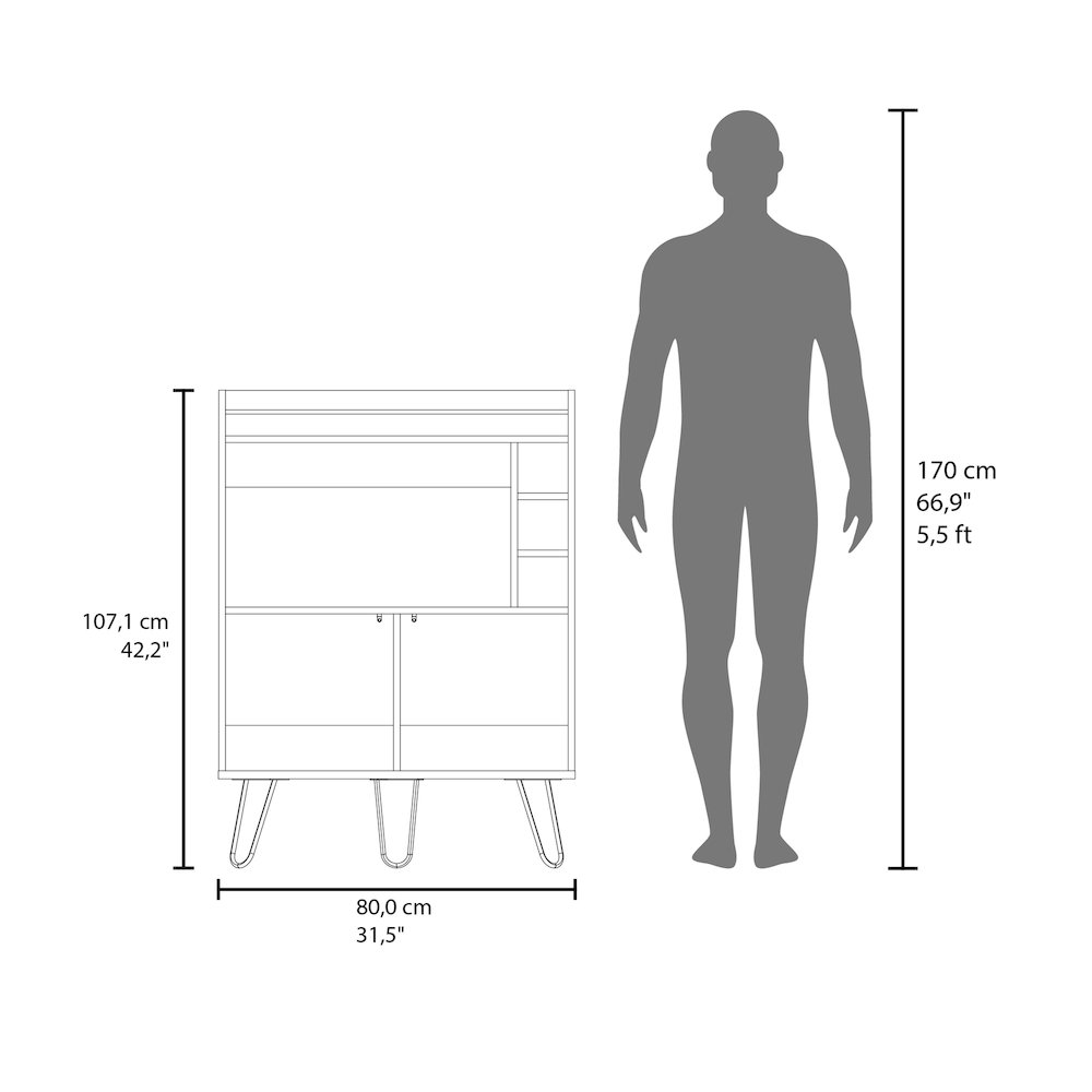 Otho Bar Cabinet with Drop-Down Door, Wine Storage, Open Shelves, Hairpin Legs. Picture 7