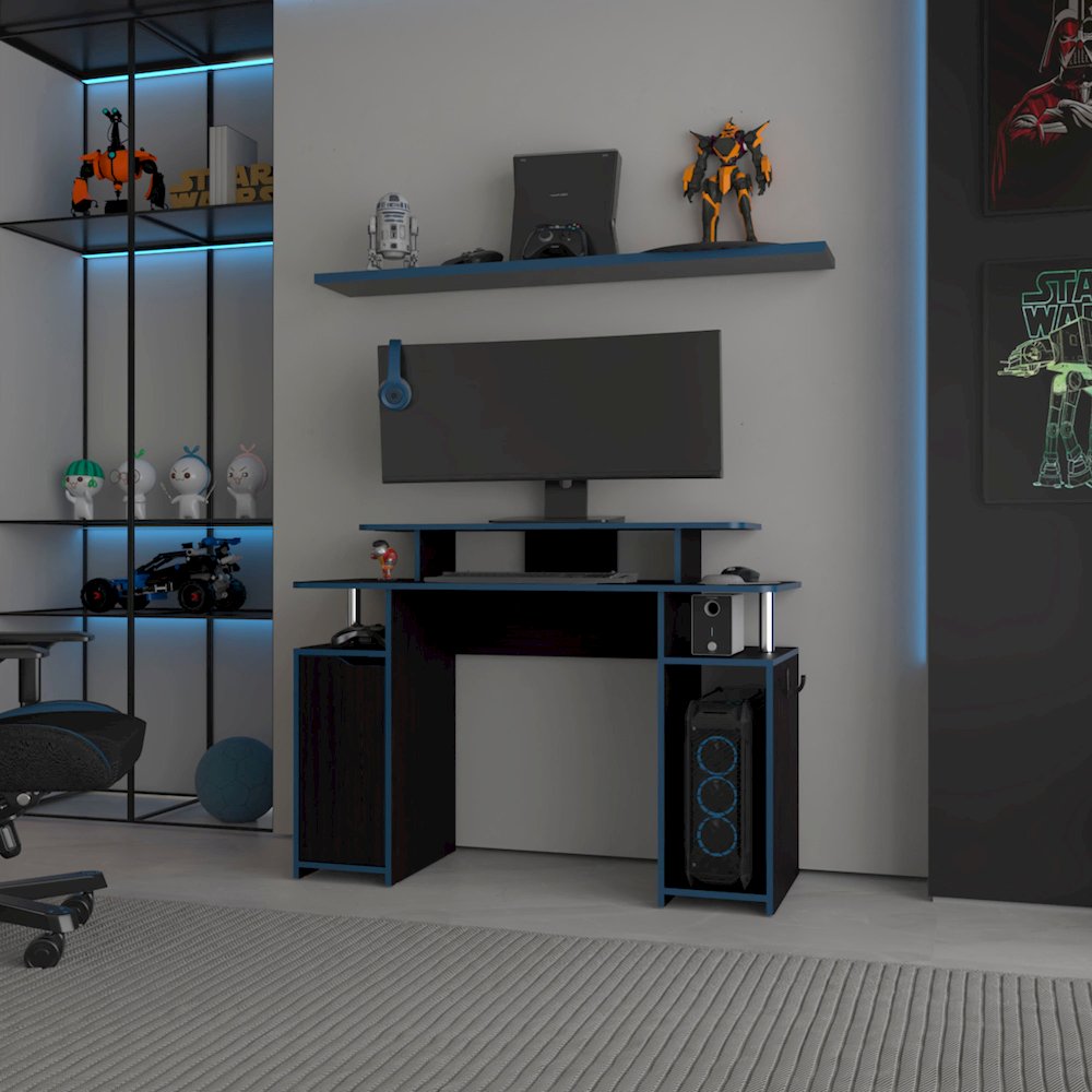 Lol Minimalist Gaming Desk with Elevated Monitor Shelf, Blue Accents. Picture 4