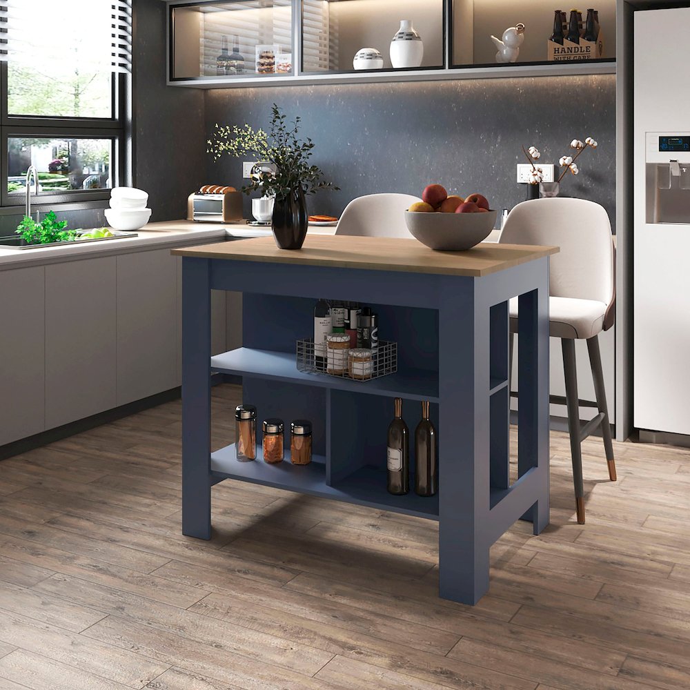 Kitchen Island, Modern Design with Open Shelves, Kronos Ash and Kronos Blue. Picture 6