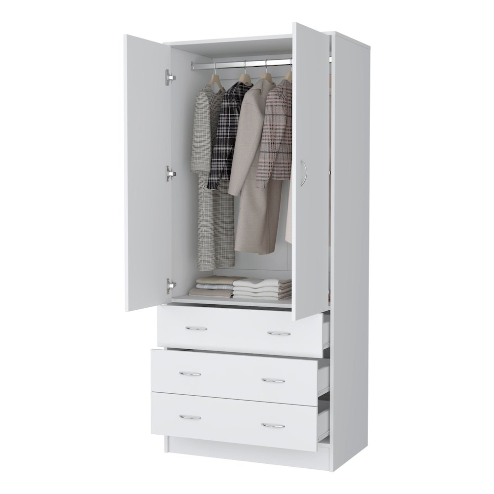 Prescott Armoire, with 2 doors, 3 drawers and 1 hanging rod, White. Picture 6