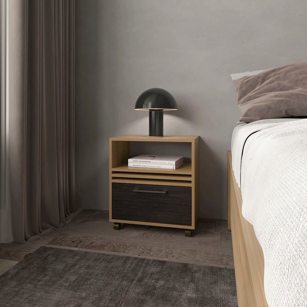 Saxon Nightstand with a Drawer and Open Storage, Natural Oak. Picture 4