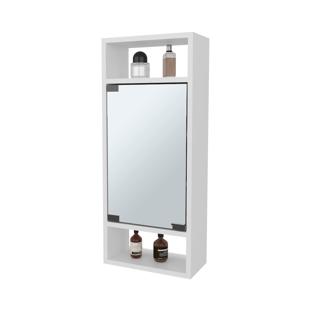 Pine Like Medicine Cabinet with Mirrored Door and Open Storage, White. Picture 5