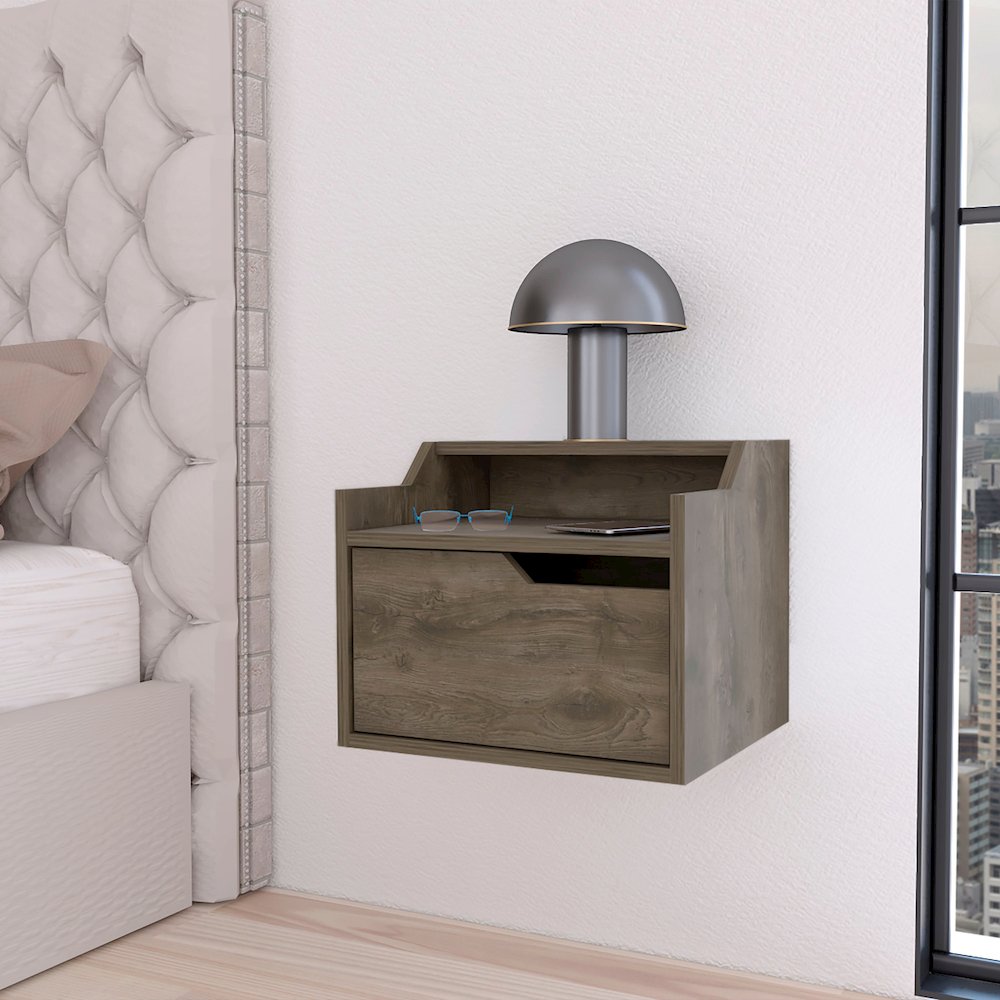 Florence Floating Nightstand with Drawer and Dual-Shelf Display, Dark Brown. Picture 4