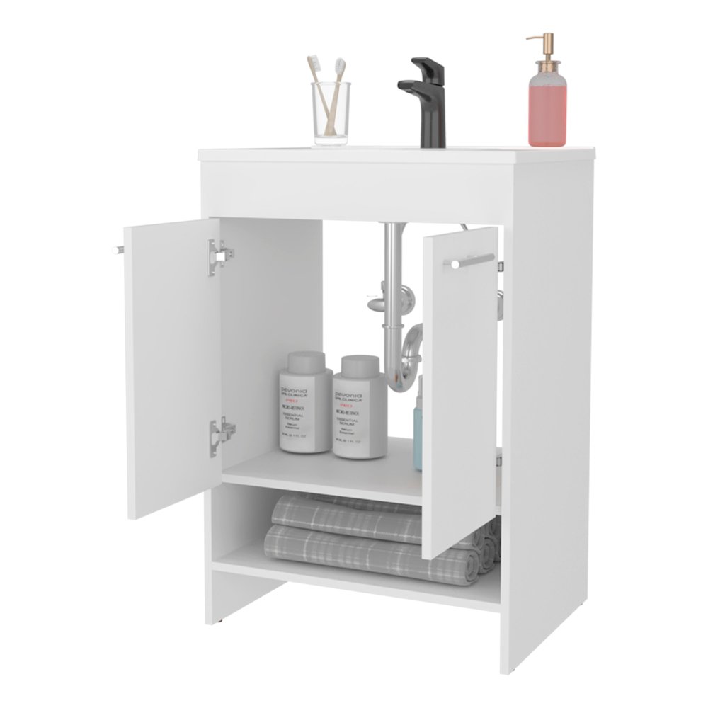Shell Bathroom Vanity  with  2 Doors and Open Storage, White. Picture 8