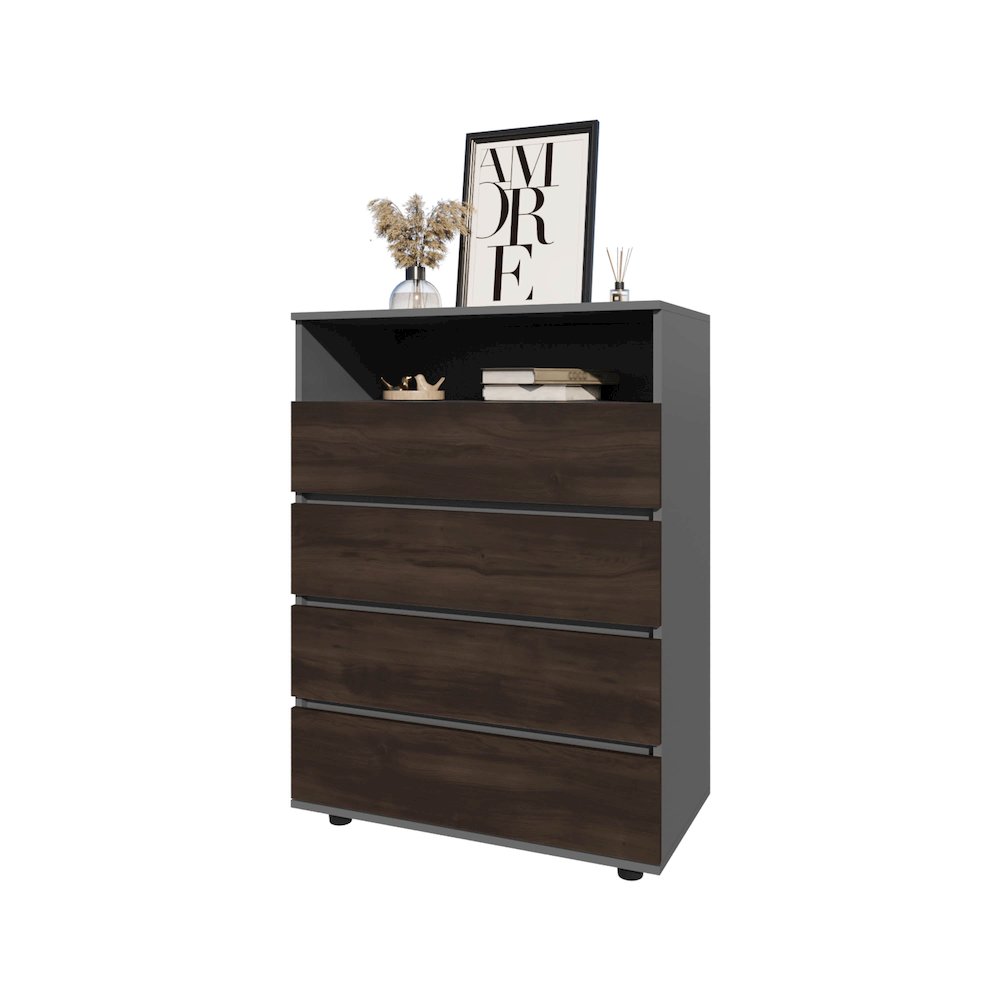 Tokio 4 Drawer Dresser with Open Shelf, Stained Walnut. Picture 2