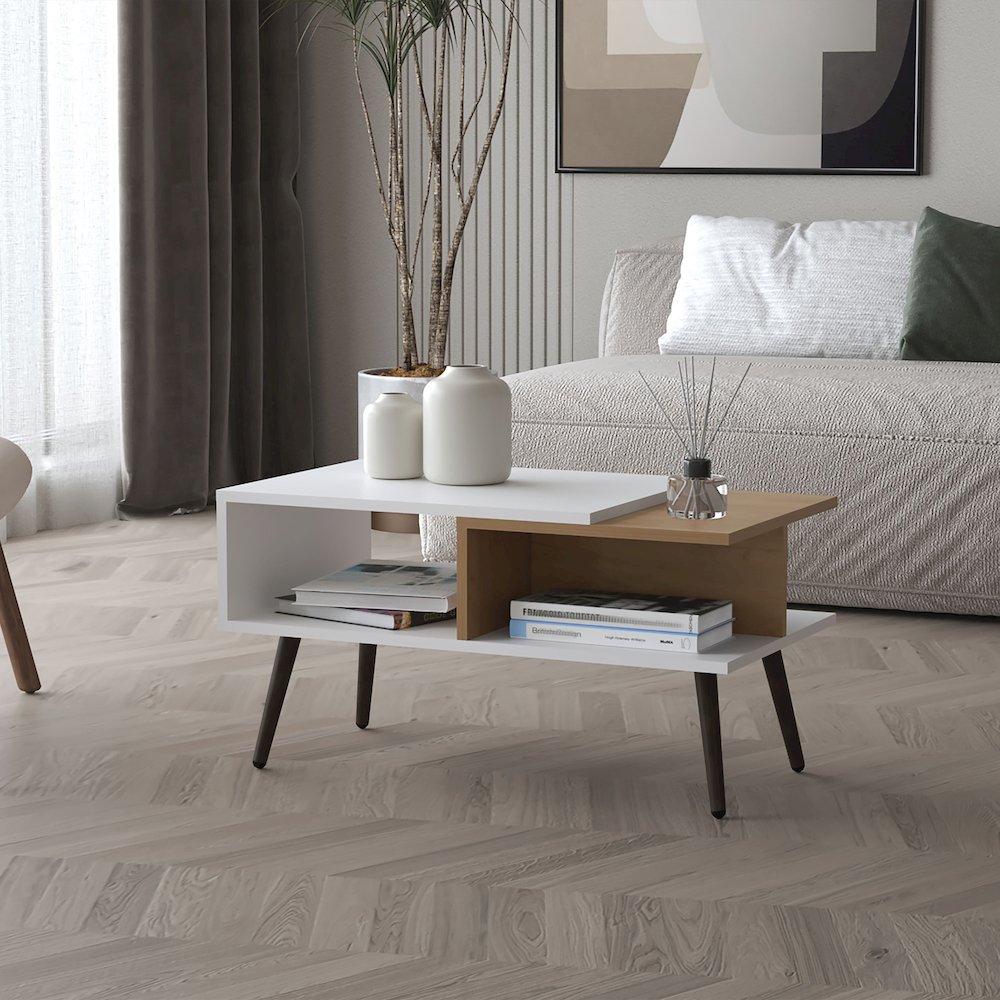 Hack Berry Coffee Table with Open Storage and Conical Legs , White + Natural Oak. Picture 3