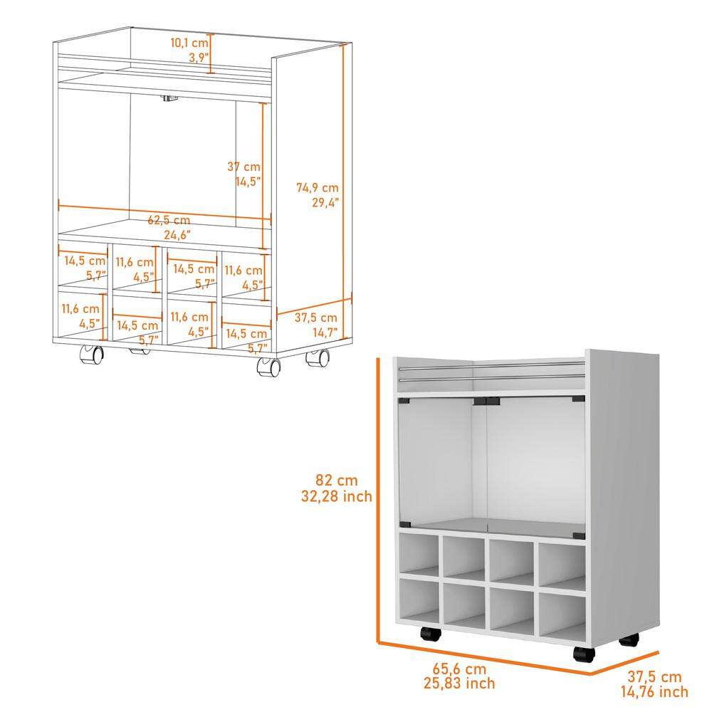 Minneapolis Bar Cart with Integrated 8-Bottle Rack, Glass Encased Cabinet. Picture 2
