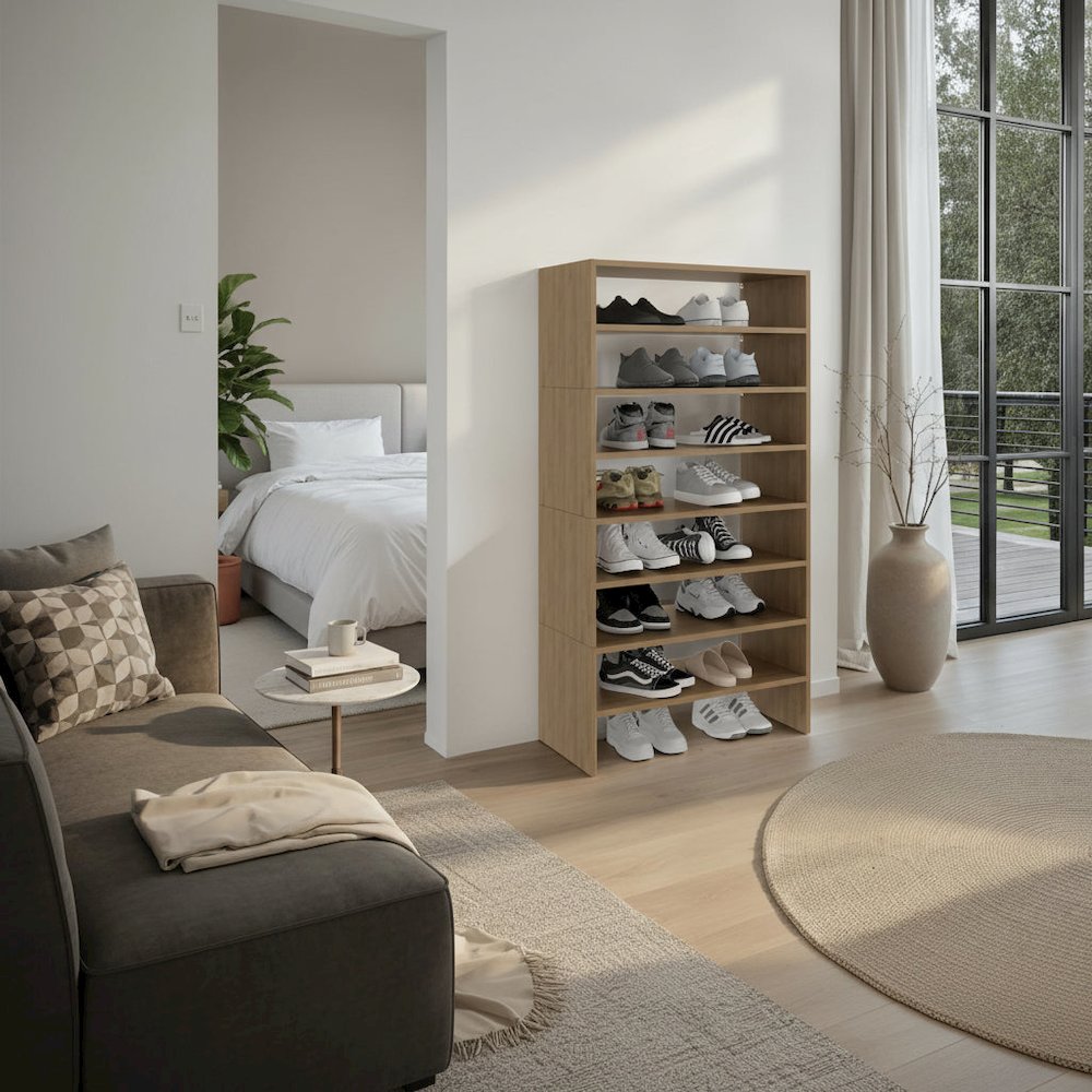 Orion Modern Shoe Rack Functional Design for Bedroom and Entryway, Natural Oak. Picture 2