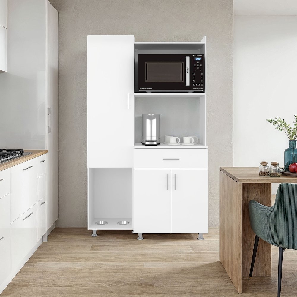 Kitchen Storage Cabinet with Microwave Shelf, Drawer, and Open Compartments. Picture 2