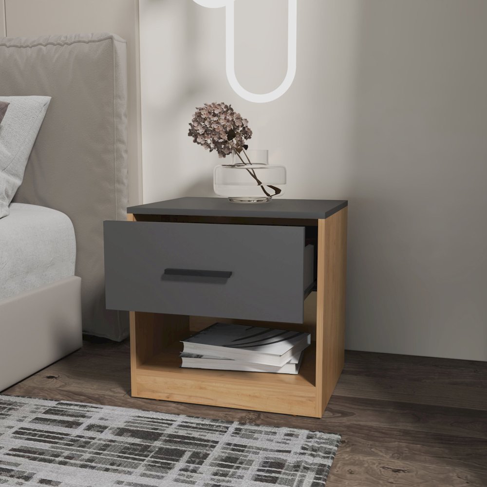Solomon Nightstand with a Drawer, Natural Oak and Matt Grey. Picture 3