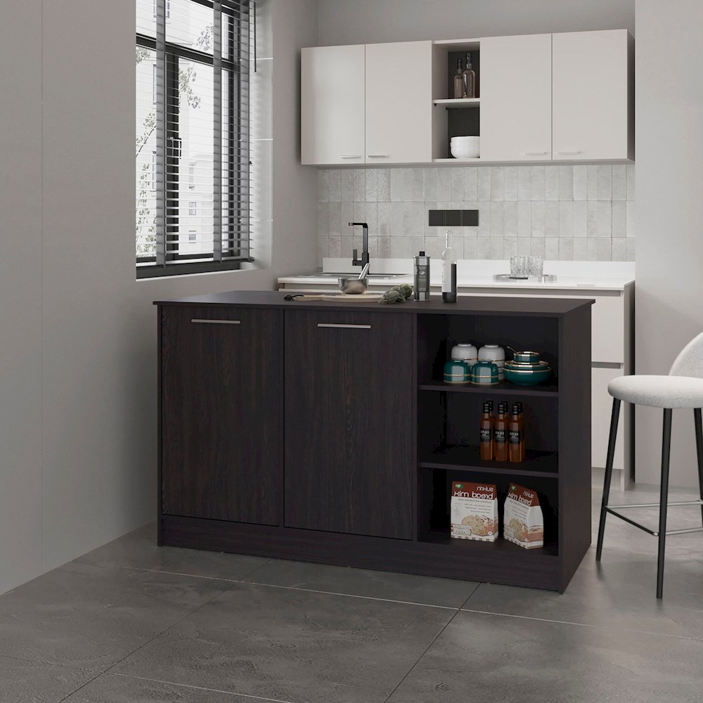 Red Rock Kitchen Island with 2 Doors and Open Storage, Wengue. Picture 4