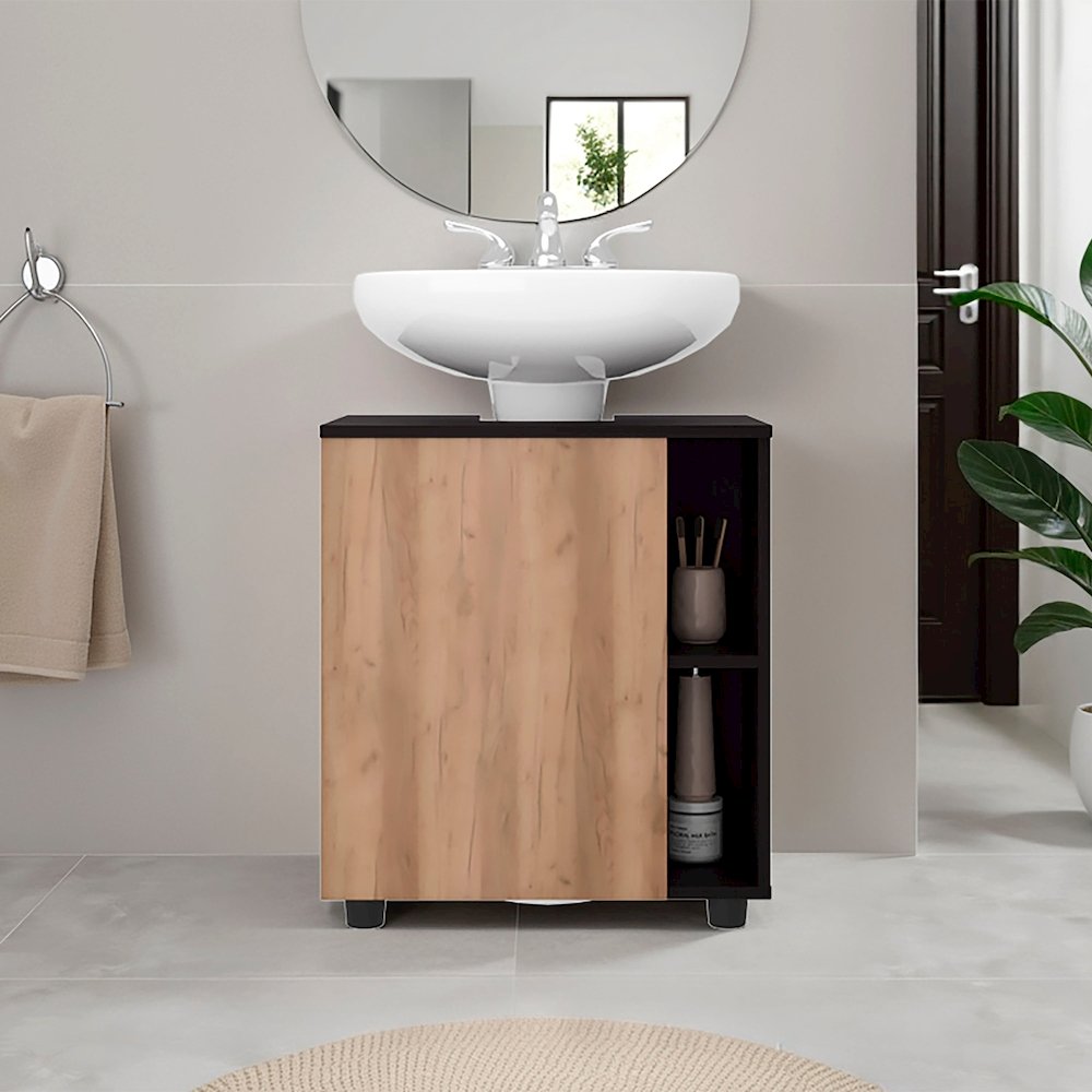 Under Pedestal Sink Cabinet, 1 Door, 5 Open Compartments, Wenge and Natural Oak. Picture 2