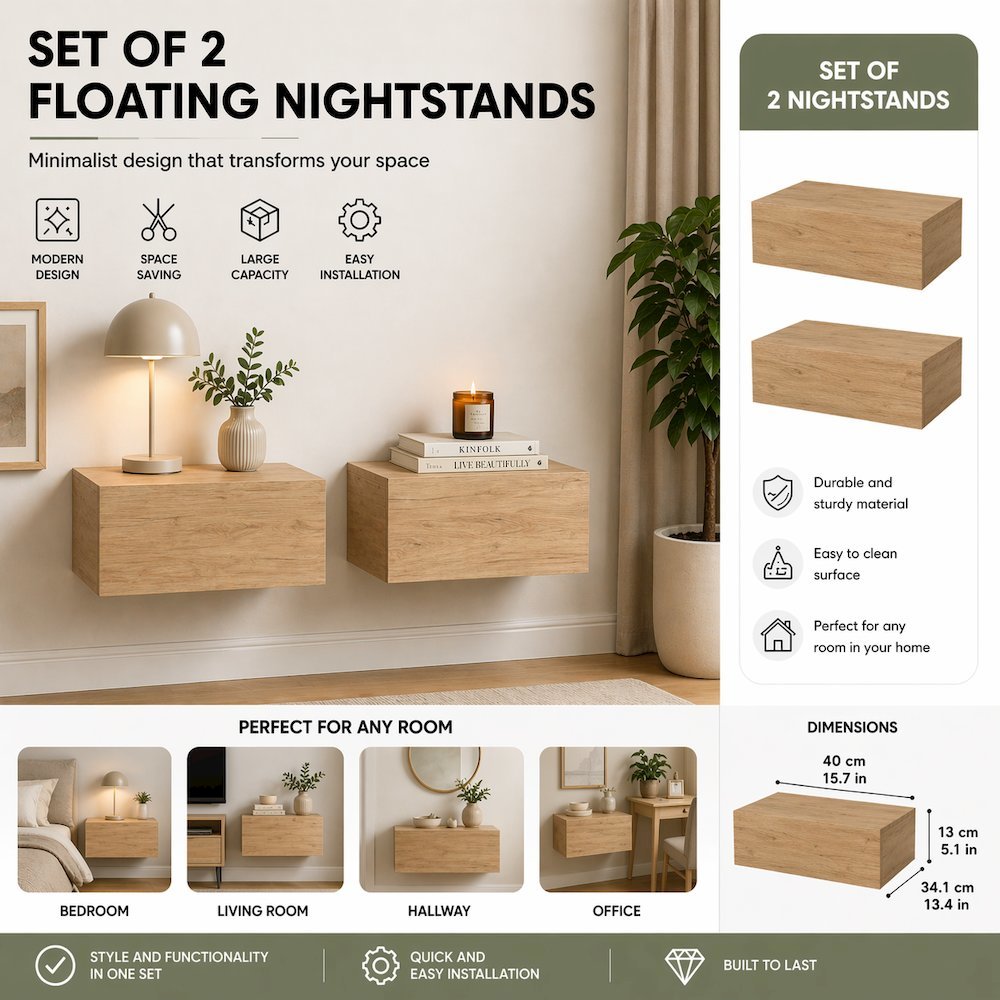 Custer Floating Nightstands Set of 2 - Wall Mounted Bedside Tables, Wenge. Picture 11