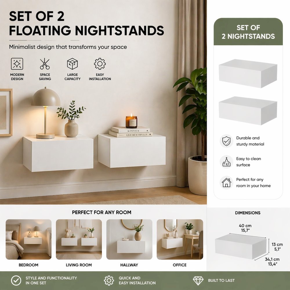 Custer Floating Nightstands Set of 2 - Wall Mounted Bedside Tables, White. Picture 8